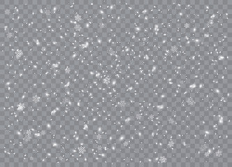 Falling. Snowflakes, snow background, snow flakes. Christmas snow for the new year.  Heavy snowfall, snowflakes in different shapes and forms. Vector illustration