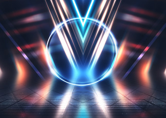 Empty background scene. Dark street reflection on wet asphalt. Rays of neon light in the dark, neon shapes, smoke. Background of an empty stage show. Abstract dark background.