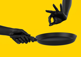 Black chef hands holding pan isolated on yellow, abstract illustration of cooking and seasoning process, fry something promo banner concept.  3d rendering