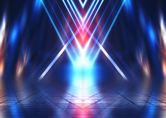 Empty background scene. Dark street reflection on wet asphalt. Rays of neon light in the dark, neon shapes, smoke. Background of an empty stage show. Abstract dark background.