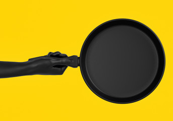 Black hands holding pan isolated on yellow, top view, abstract illustration of cooking process, fry something promo banner concept.  3d rendering