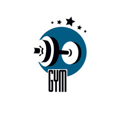 Gym and fitness logo template, vintage style vector emblem. With barbell.