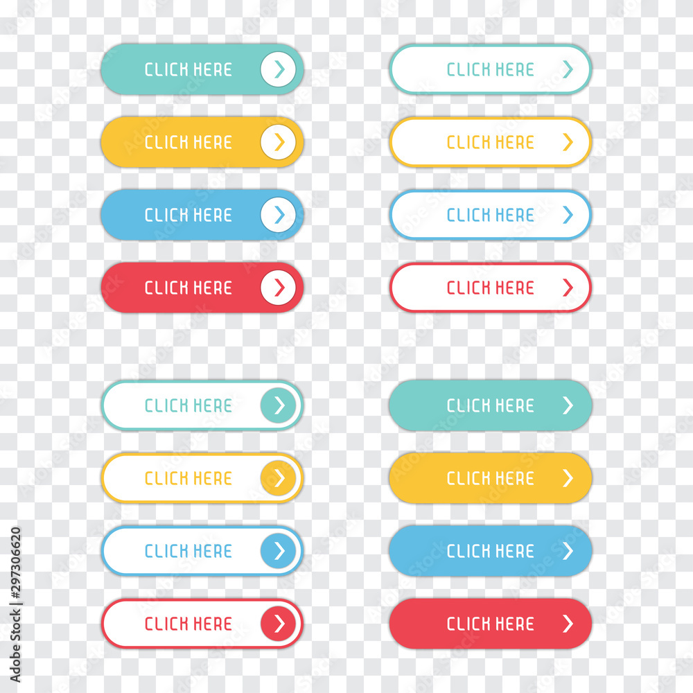 Poster Click here buttons set on a transparent background. Click here buttons in a flat design. Collection of click here buttons
