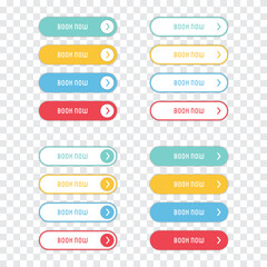 Fototapeta premium Book now buttons set on a transparent background. Book now buttons in a flat design. Collection of book now buttons