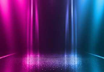 Empty background scene. Dark street reflection on wet asphalt. Rays of neon light in the dark, neon...