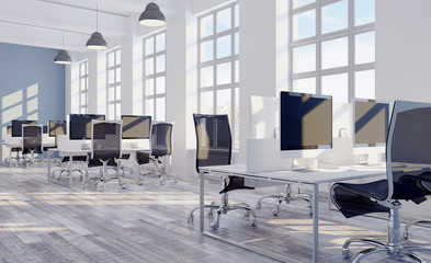 Fototapeta premium 3D rendering, large office. open space. panoramic windows. bright hues.