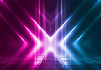 Empty background scene. Dark street reflection on wet asphalt. Rays of neon light in the dark, neon shapes, smoke. Background of an empty stage show. Abstract dark background. © Laura Сrazy