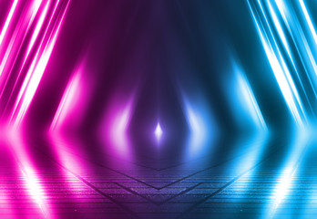 Empty background scene. Dark street reflection on wet asphalt. Rays of neon light in the dark, neon shapes, smoke. Background of an empty stage show. Abstract dark background.