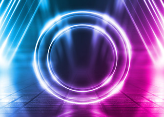 Empty background scene. Dark street reflection on wet asphalt. Rays of neon light in the dark, neon shapes, smoke. Background of an empty stage show. Abstract dark background.