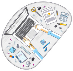 Office employee or entrepreneur work desk workplace with hands and laptop computer and diverse stationery objects for work, top view. All elements are easy to use separately. Vector illustration.