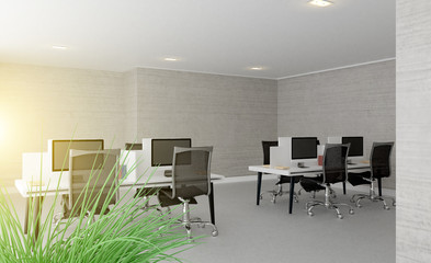 Meeting room in shades of gray. Open space. Great office. Sunset. 3D rendering