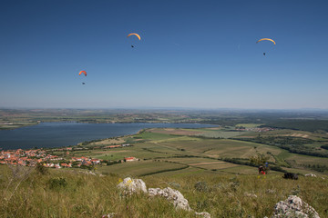 Paragliders above south moravia, Pálava, czech republic