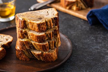 Sliced Banana Bread. Delicious banana bread with chia seeds. Copy space.