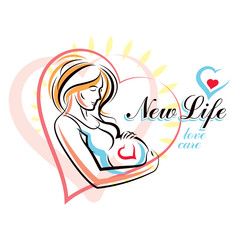 Vector hand-drawn illustration of pregnant elegant woman expecting baby, sketch. Pregnancy and maternity popularization