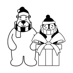 polar bear and penguin with gift box on white background