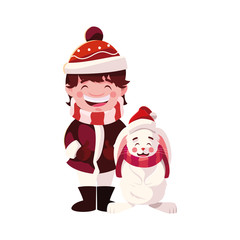 boy and rabbit with hat and scarf in white background