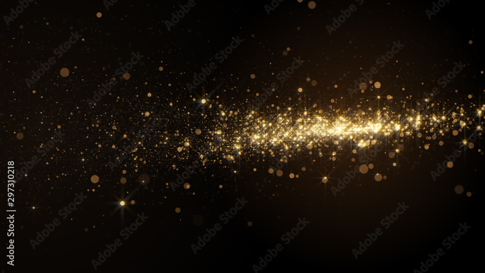 Poster abstract background with golden light bokeh particles in motion.