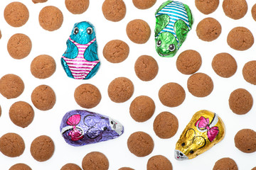 Background of sweets. Candy at Dutch Sinterklaas, pink, yellow, green, orange, strooigoed, isolated background