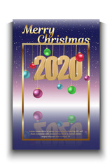 Vector 2020 banner with golden 3d letters with warm wishes and golden frame on a night sky with stars and christmas colorful balls with reflection. Easy design element. With space for your text.