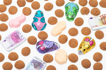 Background of sweets. Candy at Dutch Sinterklaas, pink, yellow, green, orange, strooigoed, isolated background