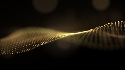 A bright golden particulate 3D rendered DNA on a black bokeh background.