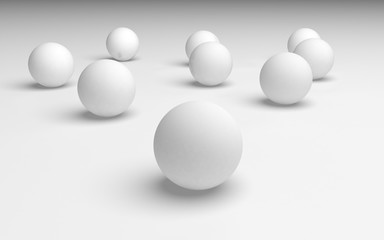 White abstract background. Set of white balls isolated on white backdrop. 3D illustration