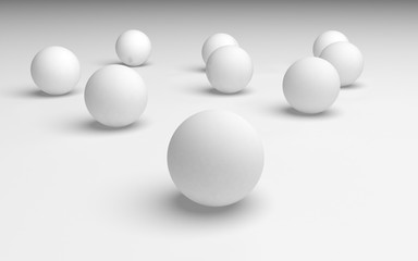 White abstract background. Set of white balls isolated on white backdrop. 3D illustration