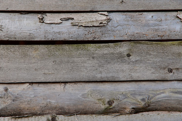 Abstract old wood texture. Rough texture of gray boards. Old board with cracks and nails. Close-up, top view, horizontal, cropped shot. Design and construction concept.