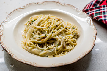 Pasta Spaghetti with Four Cheese Parmesan, Roquefort, Gravy, Gorgonzola, Cream and Garlic and Black Pepper.