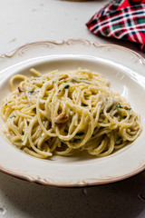 Pasta Spaghetti with Four Cheese Parmesan, Roquefort, Gravy, Gorgonzola, Cream and Garlic and Black Pepper.