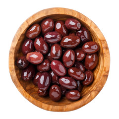 Whole black olives in wooden bowl isolated on white background. Top view, close-up.