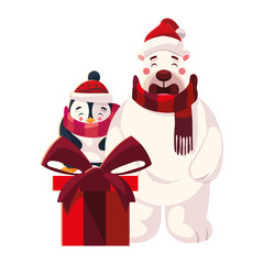 polar bear and penguin with gift box on white background