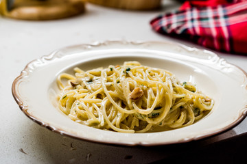 Pasta Spaghetti with Four Cheese Parmesan, Roquefort, Gravy, Gorgonzola, Cream and Garlic and Black Pepper.