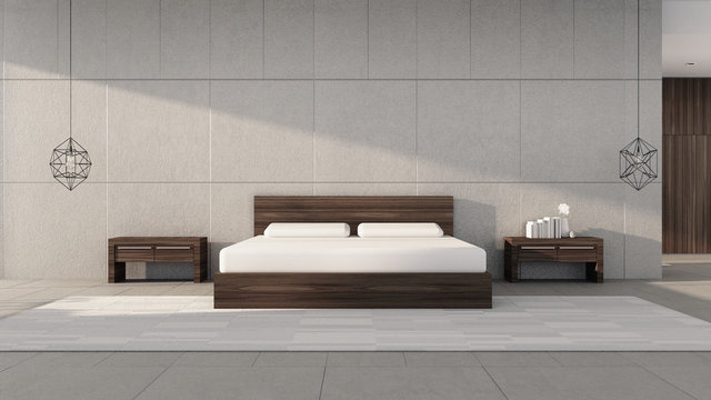 Modern bedroom with bright morning sun / 3D rendering interior