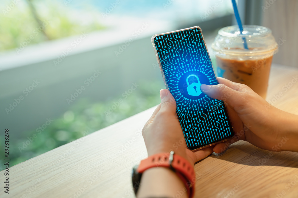 Poster cyber security and data protection concept, woman using smartphone and lock icon on virtual screen.f