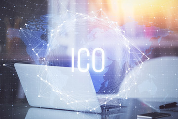 Multi exposure of blockchain theme hologram and table with computer background. Concept of bitcoin...