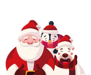card of christmas with santa claus and animals in white background