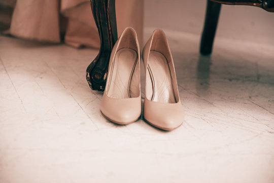 beautiful white shoes for the bride. photo with copy space