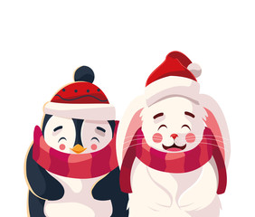 penguin and rabbit with hat and scarf in white background