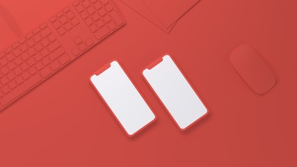 Flat Mobile phone mockup screens beside keyboard with mouse on work desk pastel colors, red 3d rendering