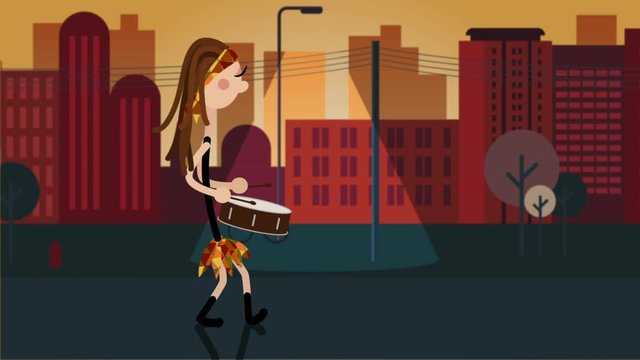 Animated walking character of a female drums performacing batucada in the streets