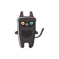 cute black halloween cat isolated on orange background. Cartoon happy black witch kitten with big eyes