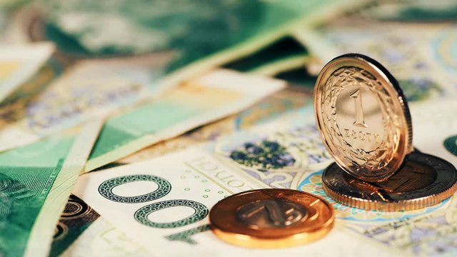 Poland currency. Close up of polish zloty many banknotes and coins. Finance economy