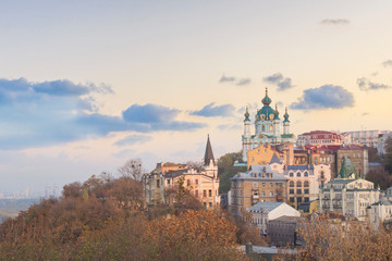 Beautiful view of St. Andrew's Church and St. Andrew's Descent in Kyiv, Ukraine