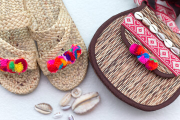 Bohemian straw wicker bag and slippers. Boho stile mosk up.