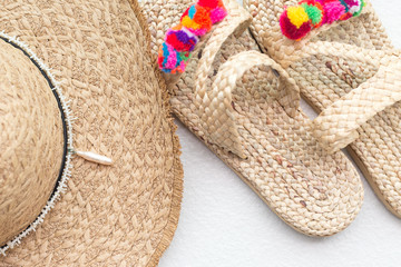 Bohemian straw wicker hat and slippers. Boho stile mosk up.