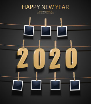 Vector New Year background with golden 3d letters 2020 and photo frames hanging on the memory board.