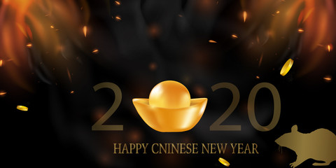2020 Chinese New Year Rat zodiac sign. Red and gold festive background with rat. 