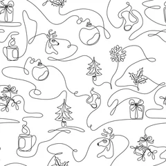 Wallpaper murals One line One line drawing Christmas seamless pattern with fir, gift box, reindeer, mistletoe, cup of hot beverage, stocking, ball decoration, snowflake. Continuous line art minimalist winter background. Vector