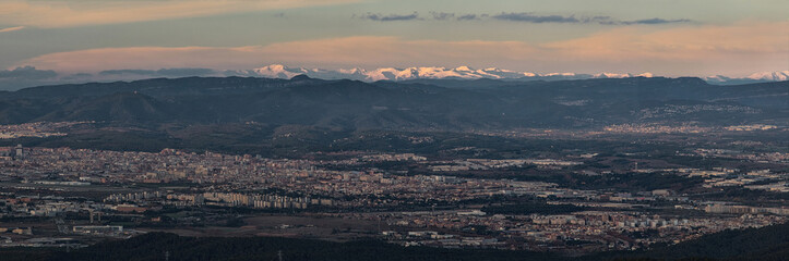 Panoramic view of Pyrenees from top of Tibidabo, Barcelona